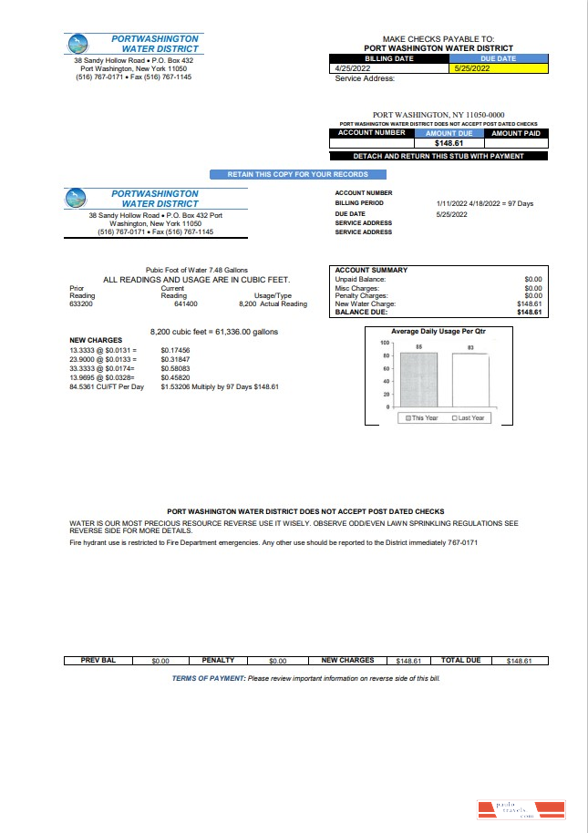 USA New York Port Washington Water District utility bill template in Word and PDF format